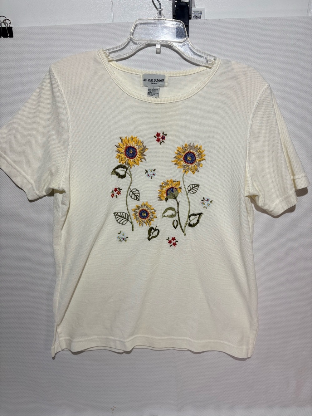 Alfred Dunner Cream Short Sleeve Top with Sunflower Embroidery
